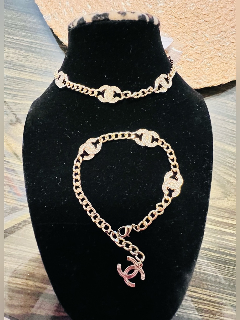 Fashion Gold-Tone Link Duo Necklace and Bracelet with Interlocking Rhinestone